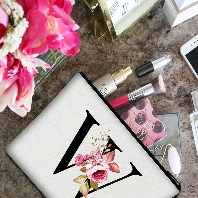 Vavabox A-Z Personalized Makeup Bag, Birthday Gifts for Women Mom, Gifts for Best Friend, Bride Bridesmaid Cosmetic bag (W, 01-White)