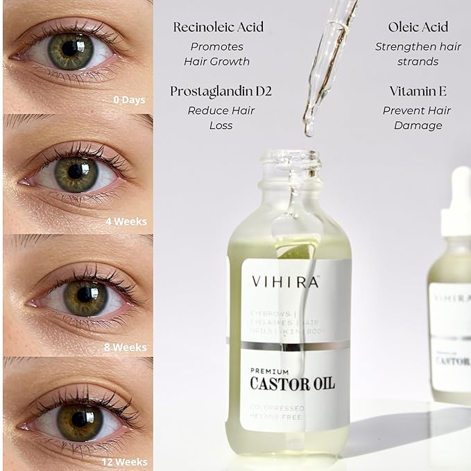 Vihira Organic Golden Castor Oil (2 Fl Oz | Premium Grade), True Cold Pressed, 100% Pure, Hexane Free, for Hair, Eyelash, Eyebrow, Cuticles, Nails, Skin, Belly Button & More.