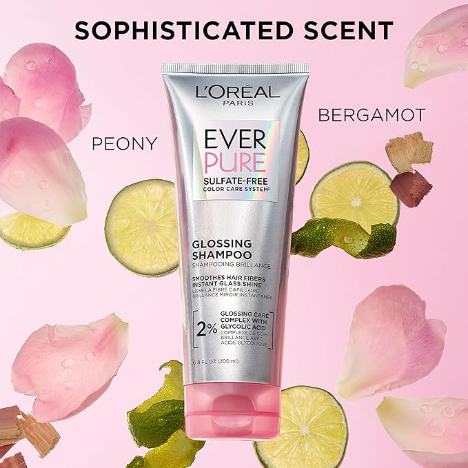 L’Oreal Paris Sulfate Free Glossing Shampoo and Conditioner Set with Glycolic Acid, Provides Intense Glass Shine & Smoothness, Suitable for Dull, Dry, and Color-Treated Hair, EverPure, 13.6 Fl Oz Set