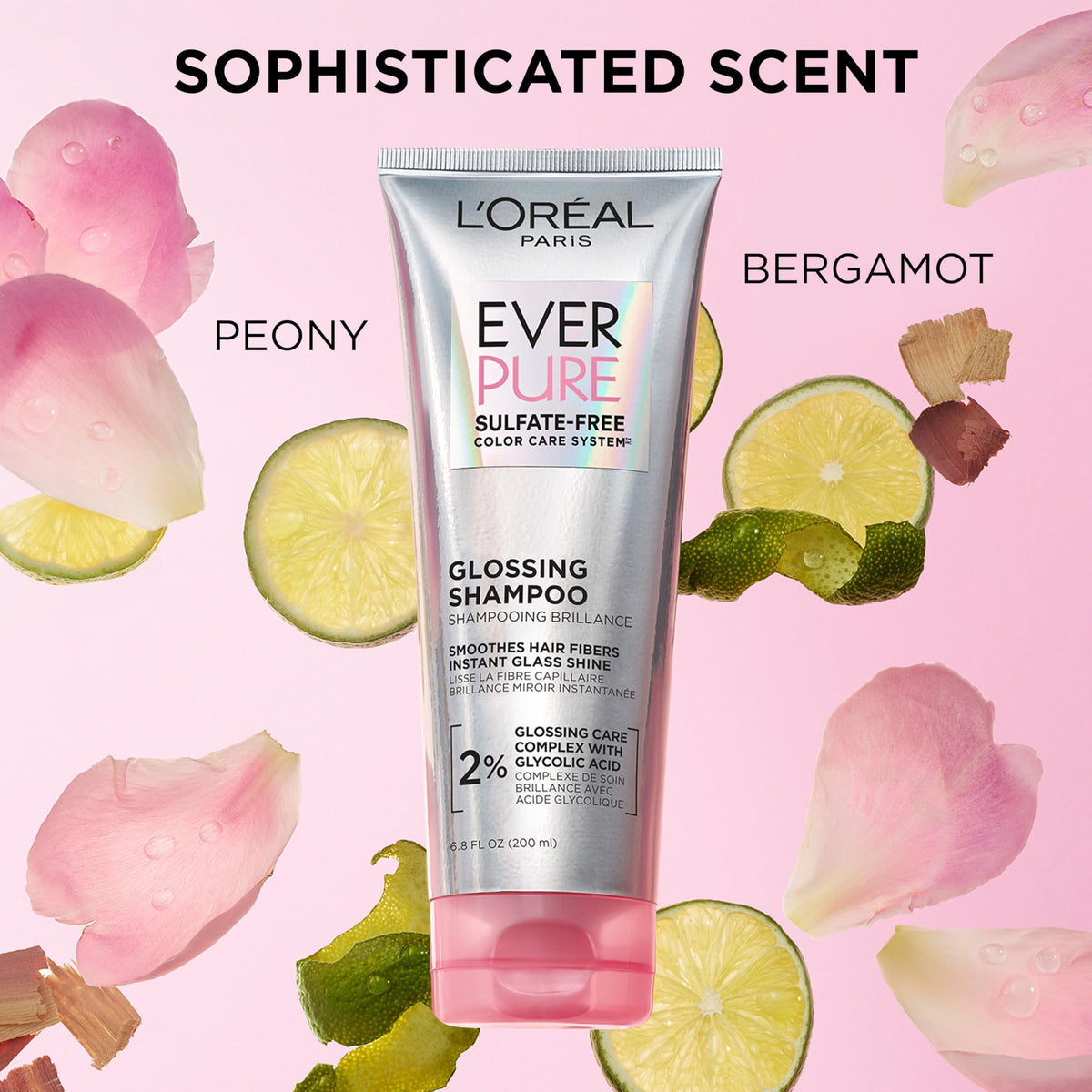 L’Oreal Paris Sulfate Free Glossing Shampoo and Conditioner Set with Glycolic Acid, Provides Intense Glass Shine & Smoothness, Suitable for Dull, Dry, and Color-Treated Hair, EverPure, 13.6 Fl Oz Set