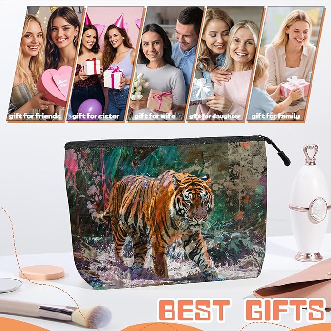 Scribesense Cosmetic Bags Travel Makeup Toilet Case Waterproof Pouch for Women Girls 6.7X9.45inches - Artistic Tiger Walking Through A Splash - Filled Jungle