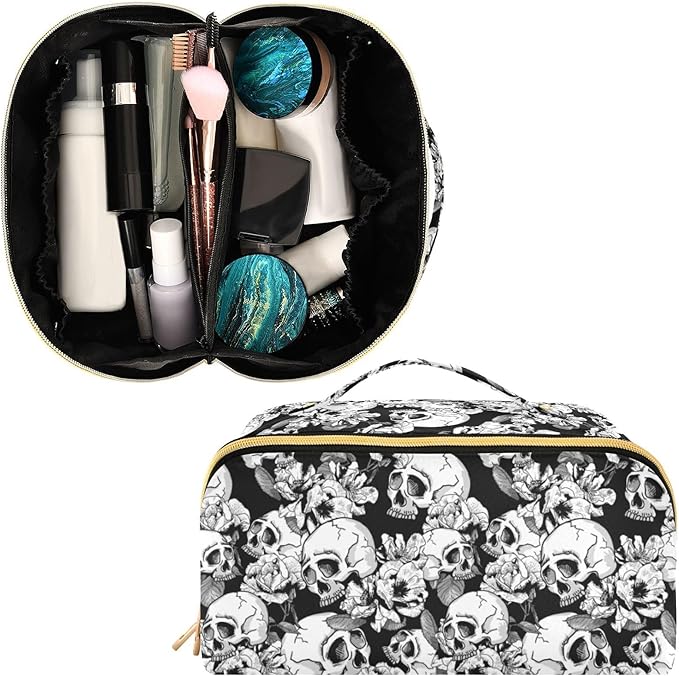 MNSRUU Makeup Organizer Bag, Skull and Flowers Travel Makeup Bags Makeup Vanity Case Large Capacity Rhombus Cosmetic Toiletry Bag for Girl Women Ladies