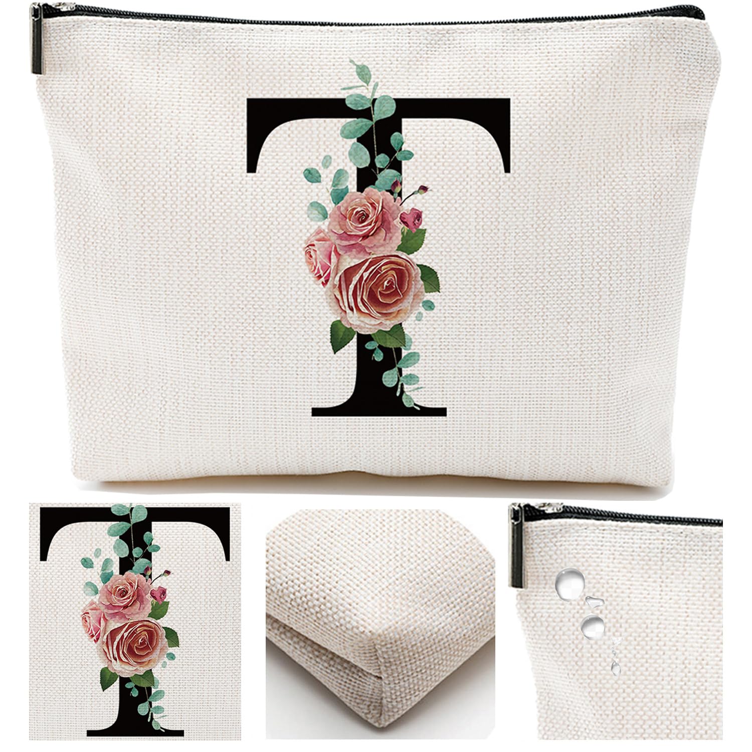 Initial A-Z Personalized Letter Makeup Bag, Monogrammed Bridesmaid Gifts Presents Cosmetic Bag, Portable Stationary Storage Organizer Pouch, Friendship Love Travel Makeup Bags
