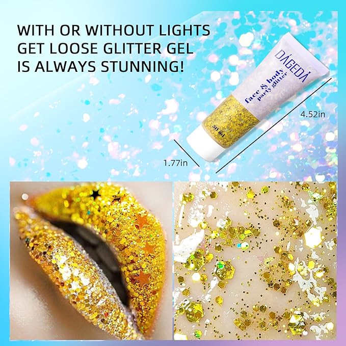 DAGEDA Gold Body Glitter Gel, Sparkly Hair Face Glitter Makeup Accessories