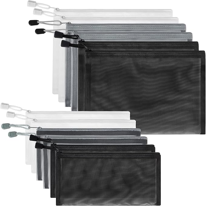 Sinzip 12 Pieces Zipper Nylon Mesh Pouch, Mesh Cosmetic Bags Makeup Bags Pencil Case, Multipurpose Travel Bags for Cosmetic School Office Supplies and Travel Accessories (Black,White,Grey, A5+B6)