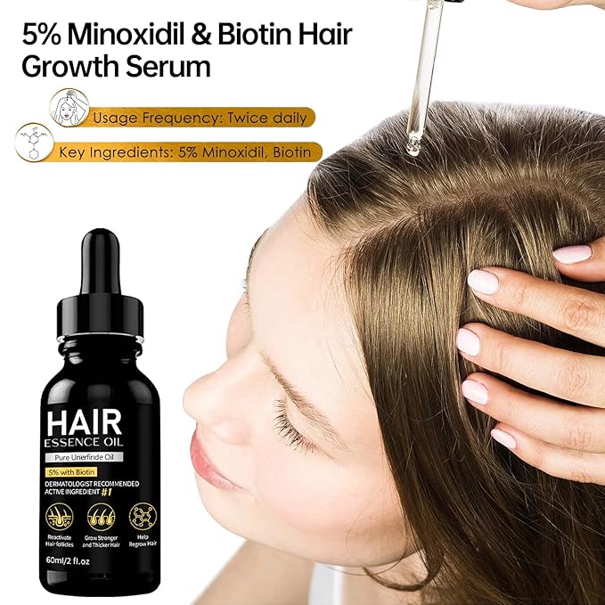 5% Minoxidil Natural Hair Oil with Biotin for Men and Women, 2 Fl Oz (60ml)