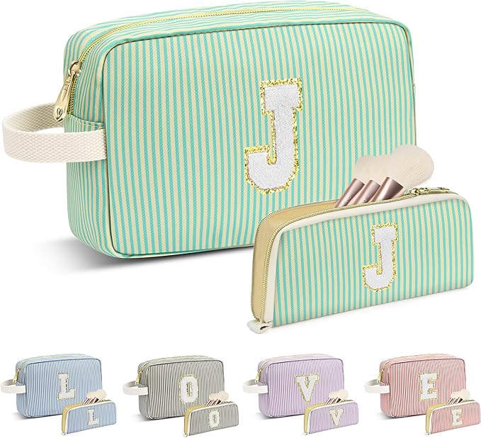 DOSUKE Travel Makeup Bag Christmas Gifts for Women Girl Teens, Personalized Initial Makeup Bag for Cute Teen Girls, Preppy Stuff Toiletry Bag Cosmetic Bag, Teen Girls Gift Trendy Stuff, Letter J