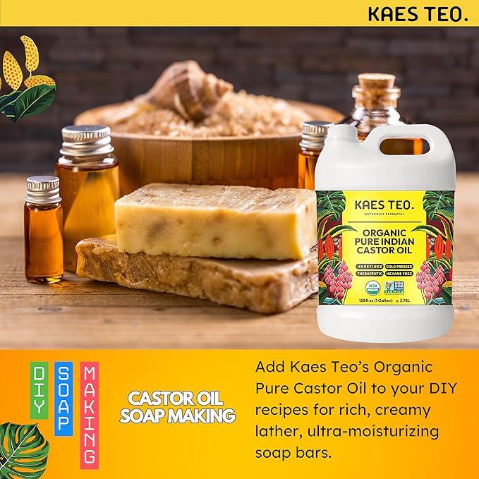 Kaes Teo Organic Castor Oil 1 Gallon (128 fl oz) Bulk, 100% Pure Cold-Pressed, Hexane Free, Eyelash, Eyebrow & Hair Growth Serum, Skin Moisturizer, Massage, Hair Loss, Dandruff, Detox and Wraps