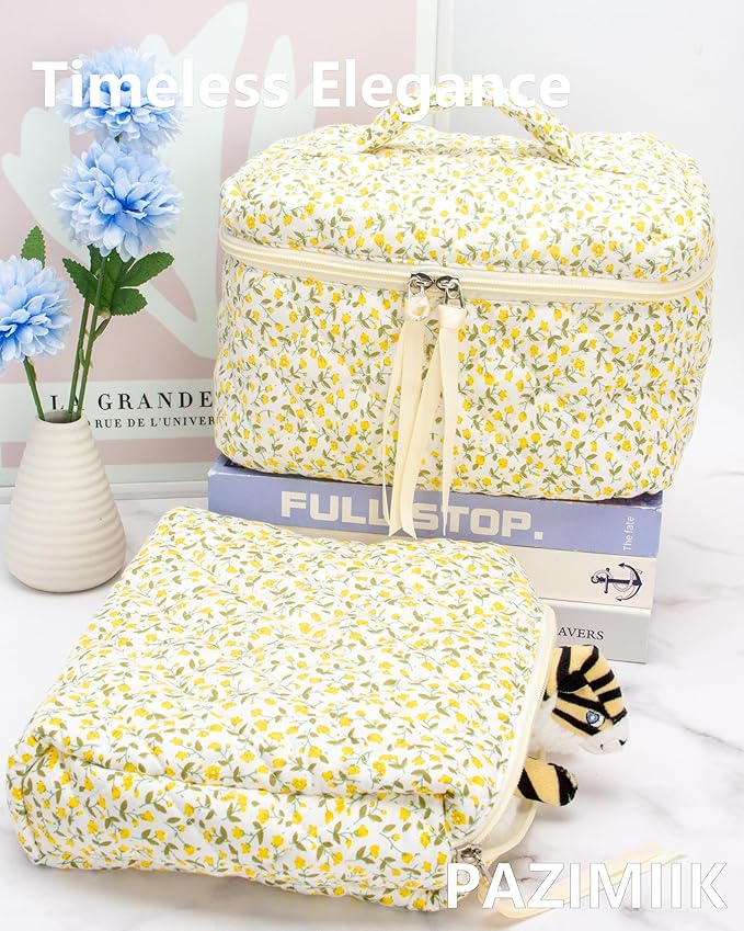 Quilted Makeup Bag for Women, Travel Cosmetic&Toiletry Bag,Floral Yellow