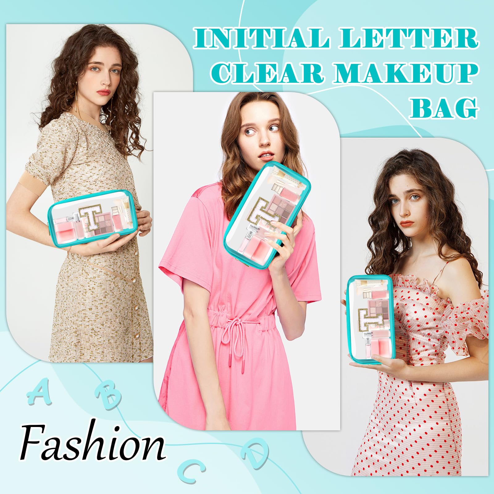 Personalized Initial Letter Clear Makeup Bag,Preppy Small Nylon&PVC Cosmetic Zipper Bag with Chenille Letter,Portable Beach Travel Skincare Toiletry Bag,Trendy Monogram Gift for Teen Girls Women,T