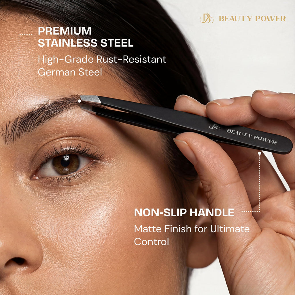Beauty Power Tweezers for Women Facial Hair: Ultra Precision Tweezers for Women & Men, Sharp Slant Tweezer for Eyebrows, Ingrown Hair Removal. Professional Plucker, German Stainless Steel (Black)