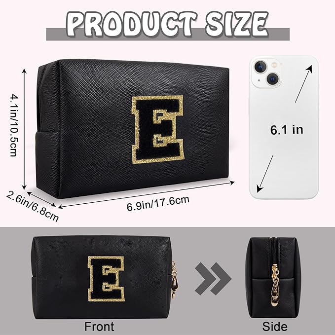 Personalized Chenille Letter Preppy Makeup Bag, Small Initial Black Travel Cosmetic Organizer Toiletry Pouch Monogram Makeup Storage, Waterproof Make Up Case Travel Essentials for Women Her(Letter E)