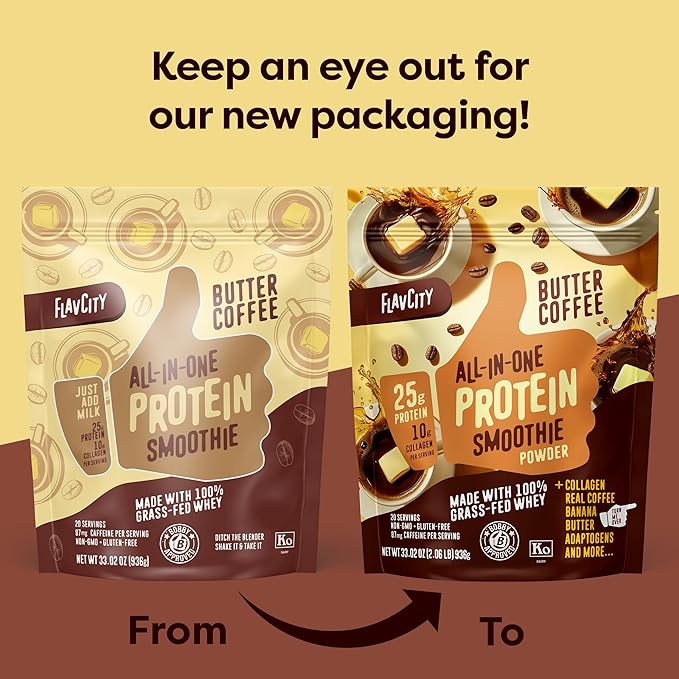 FlavCity All in One Protein Shake Powder, Butter Coffee - 55mg Caffeine + Collagen Peptides, Reishi & Cordyceps - Focus, Skin, Hair & Joint Support - 100% Grass Fed Whey, 20 Servings
