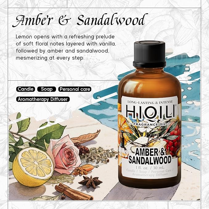 HIQILI Amber & Sandalwood Fragrance Oil for Diffuser, Candle & Soap