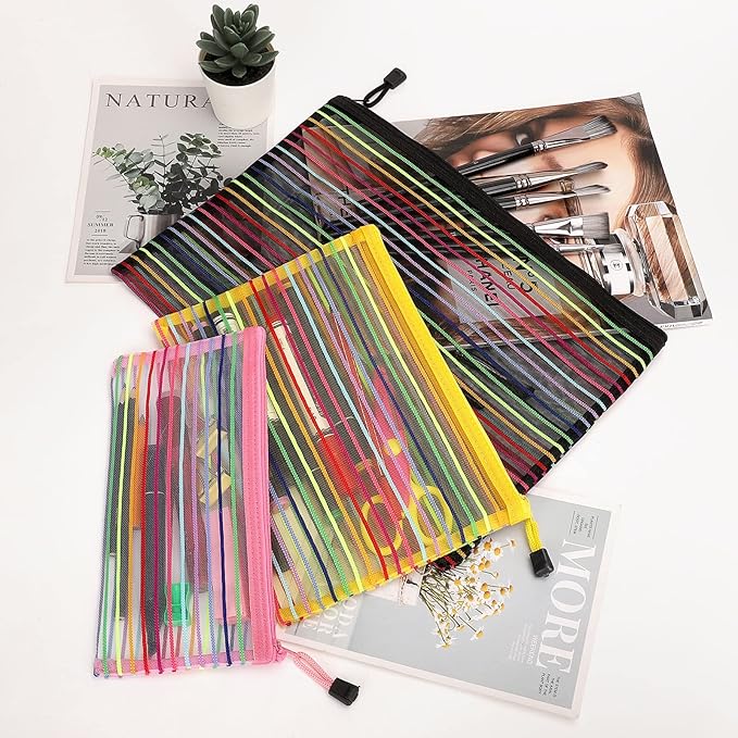Sinzip 12 Pieces Zipper Nylon Mesh Pouch, Mesh Cosmetic Bags Makeup Bags Pencil Case, Multipurpose Travel Bags for Cosmetic School Office Supplies and Travel Accessories (Multicolor A, Assorted Sizes)