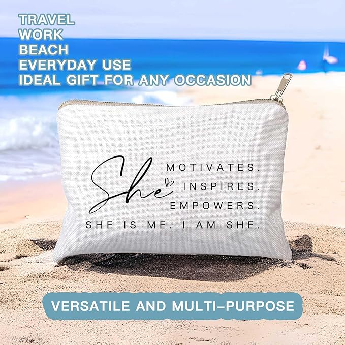 HubbgDesign She Motivates Inspires Empowers Makeup Bag She is Me Entrepreneurship Gift Women's Motivational Cosmetic Bags Powerful and Inspirational Travel Bag Gift for Her