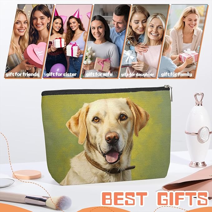 Scribesense Makeup Bag Travel Cosmetic Bags Small Makeup Case Waterproof Zipper Pouch for Women Girls 7X9inches - Yellow Labrador Retriever with A Brown Collar