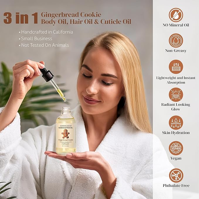 Soothing House Gingerbread Cookie Body Oil: Moisturizing Body Oil for Soft, Glowing Skin with Almond & Jojoba Oil (4 fl oz)