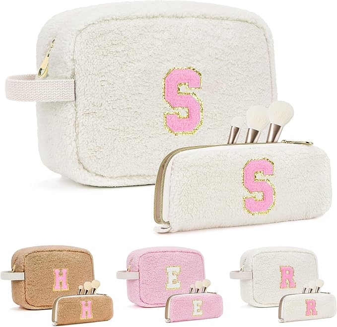 ibeacos for Valentines Day Gifts, Travel Makeup Bag for Women, Initial Make Up Bag Set for 6 7 8 9 10 11 12 13 Years Old Kids Tween Girls, Large Cosmetic Skincare Bags for Birthday Gifts, White S