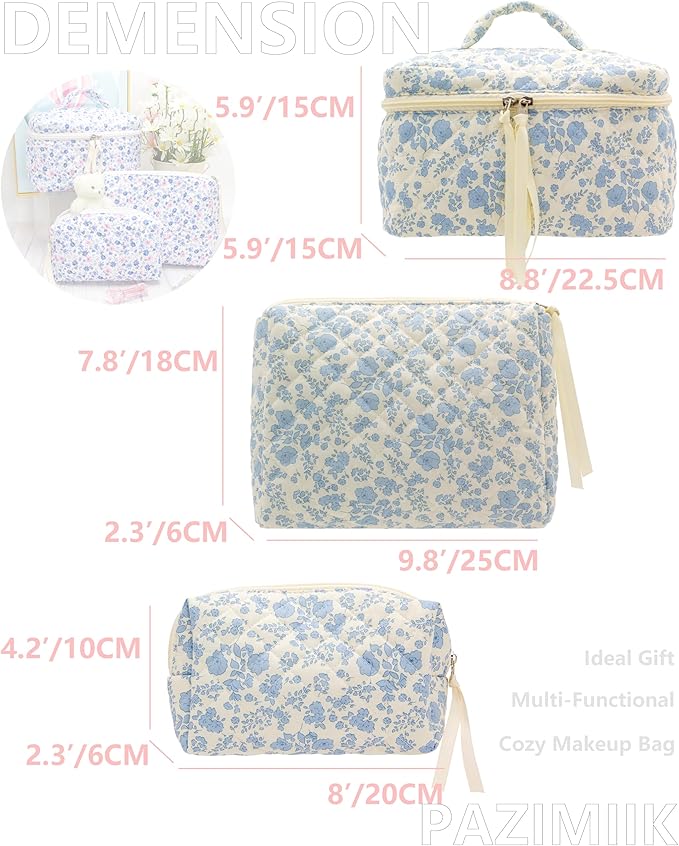 3 Piece Quilted Makeup Bag Set for Women,Cosmetic&Toiletry Bag,Flower Blue