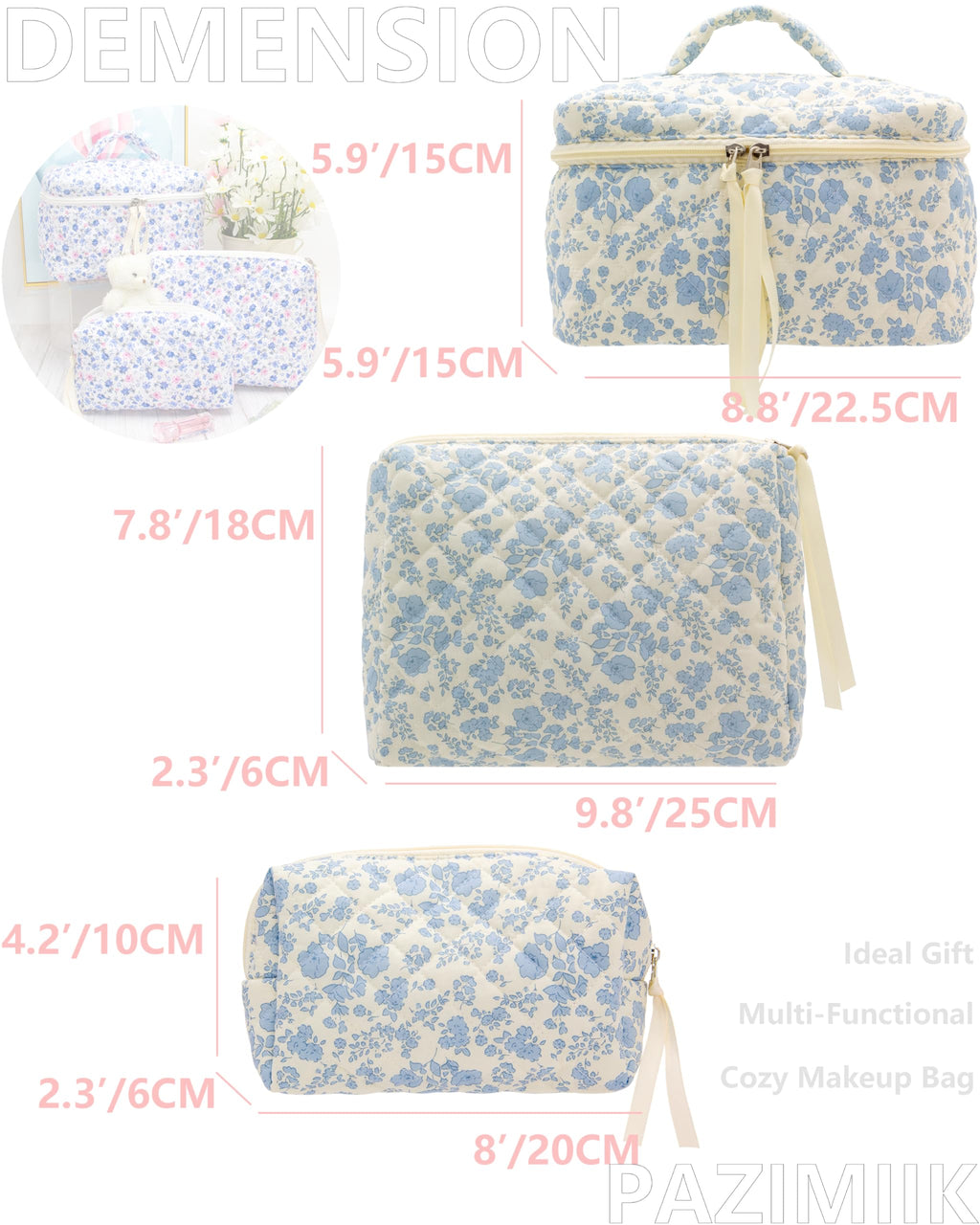3 Piece Quilted Makeup Bag Set for Women,Cosmetic&Toiletry Bag,Flower Blue