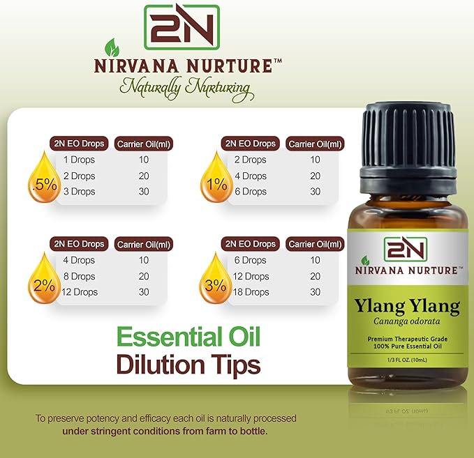 Nirvana Nurture Ylang Ylang Essential Oil, USDA Certified Organic, 100% Pure Undiluted, Aromatherapy Oil for Diffuser, Hair & Skin Care
