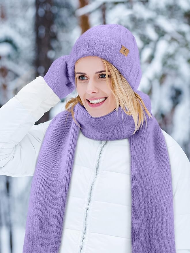 LOROME Winter Beanie Hat Gloves Scarf, Cashmere Hat Gloves Scarf Set Women