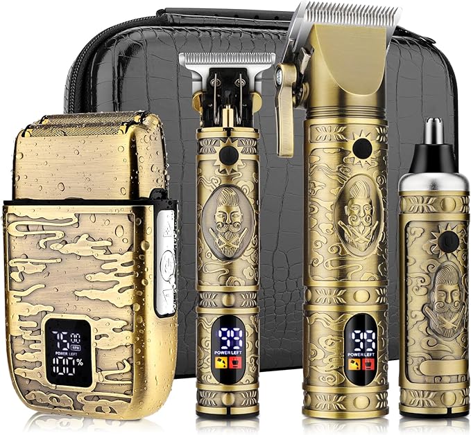 Dumite Professional Hair Clippers for Men,Hair Clippers+T-Blade Trimmer+Electric Shaver+Nose Hair Trimmer Set,4 in 1 Cordless Barber Hair Cutting Kit LCD Display Gifts (Gold)