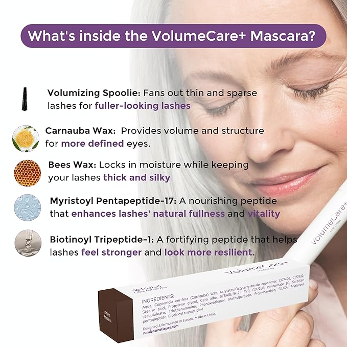 Rumi Cosmetiques VolumeCare+ Mascara For Mature Women - Extreme Length and Volume 2-in-1 Formula - No Clumps or Flaking, Long-Wearing, Hypoallergenic Mascara For Sensitive Eyes (Dark Brown)