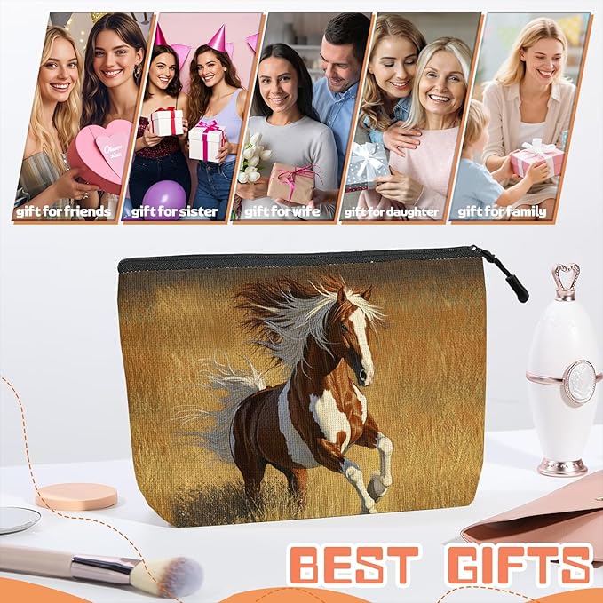 Scribesense Cosmetic Bags Travel Makeup Toilet Case Waterproof Pouch for Women Girls 6.7X9.45inches - Horse Galloped on The Golden Grass