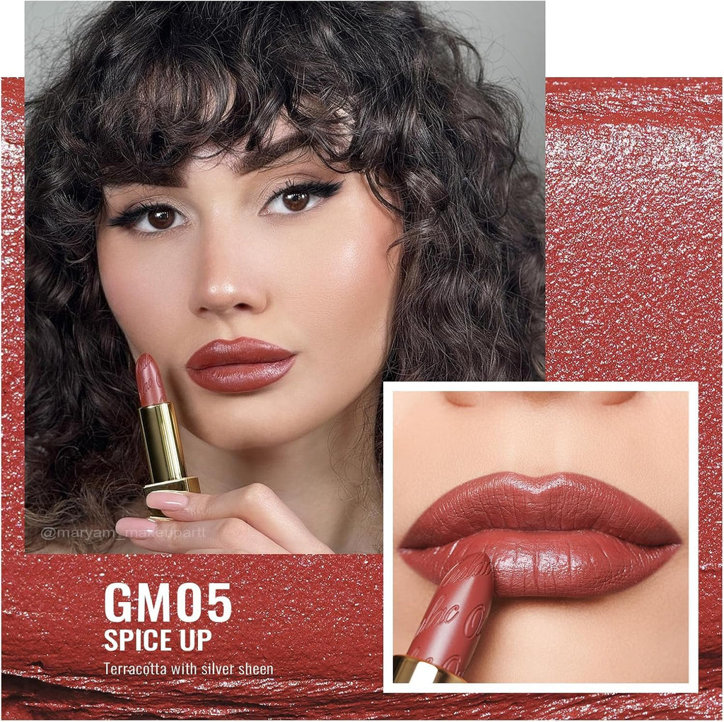 Oulac Matte Terracotta Lipstick with Glow Metallic Finish - Vegan Lipstick for Women, Creamy Texture, Hydrating Clean Beauty Formula, High-End Magnetic Hook Design, GM05 Spice up