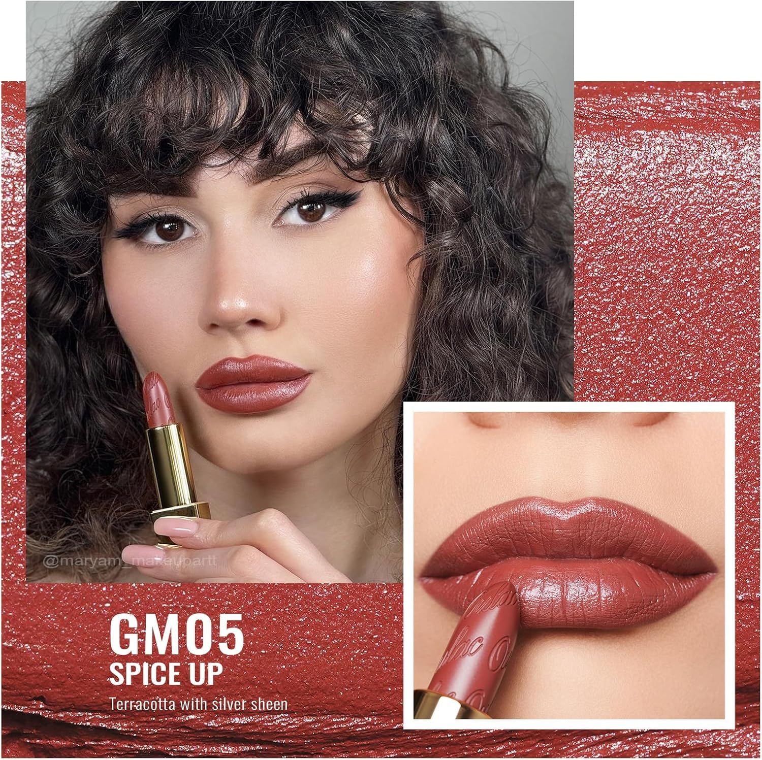 Oulac Matte Terracotta Lipstick with Glow Metallic Finish - Vegan Lipstick for Women, Creamy Texture, Hydrating Clean Beauty Formula, High-End Magnetic Hook Design, GM05 Spice up