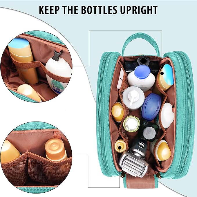 COOSKY Travel Toiletry Bag for Men, Large Hanging Toiletries Organizer Bags for Women, Cruise Ship Essentials, Water-resistant Shaving Case, PU Leather Makeup Accessories, Cosmetic Dopp Kit, Lake Blue