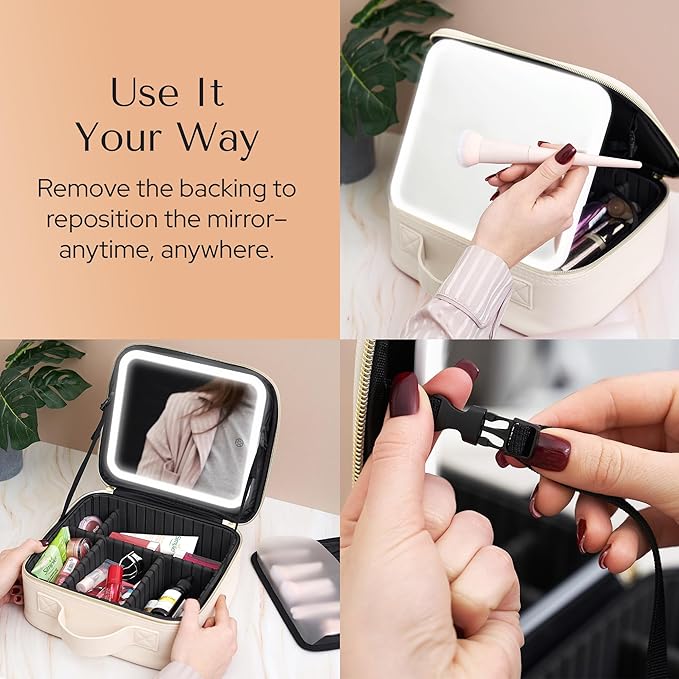 Aura In Bloom Makeup Bag with LED Mirror – Travel Cosmetic Organizer with Lighted Mirror, Adjustable Dividers & Brush Holder Storage – Portable PU Leather Makeup Case for Women & Girls - Cream