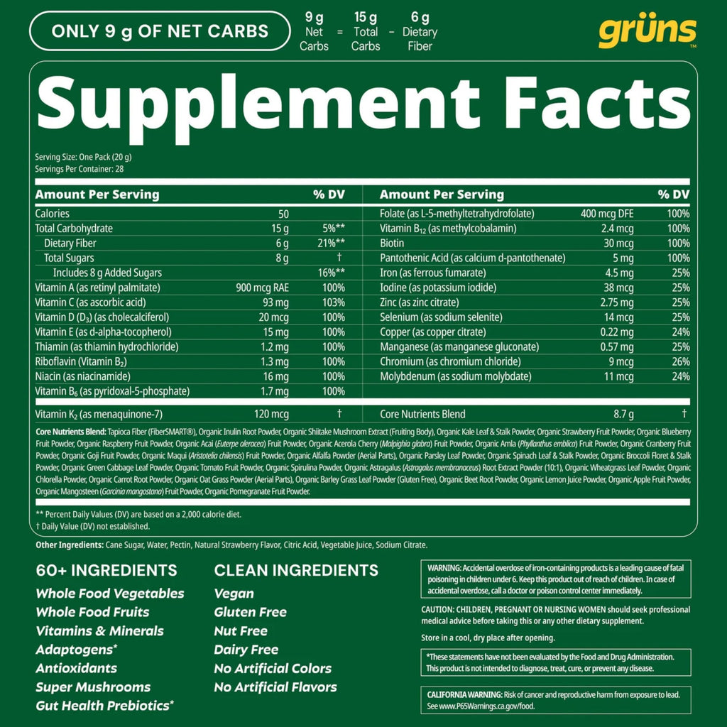 Gruns Adult Greens Gummies & Daily Multivitamin, Prebiotic Fiber, 28 ct