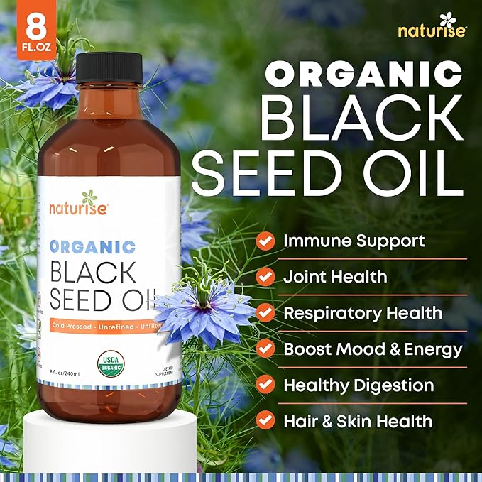 Naturise - Organic Black Seed Oil (Nigella Sativa, Cumin Seed) Cold Pressed Non-GMO, 8 oz Glass Bottle Source of Essential Fatty Acids, Omega 3 6 9'