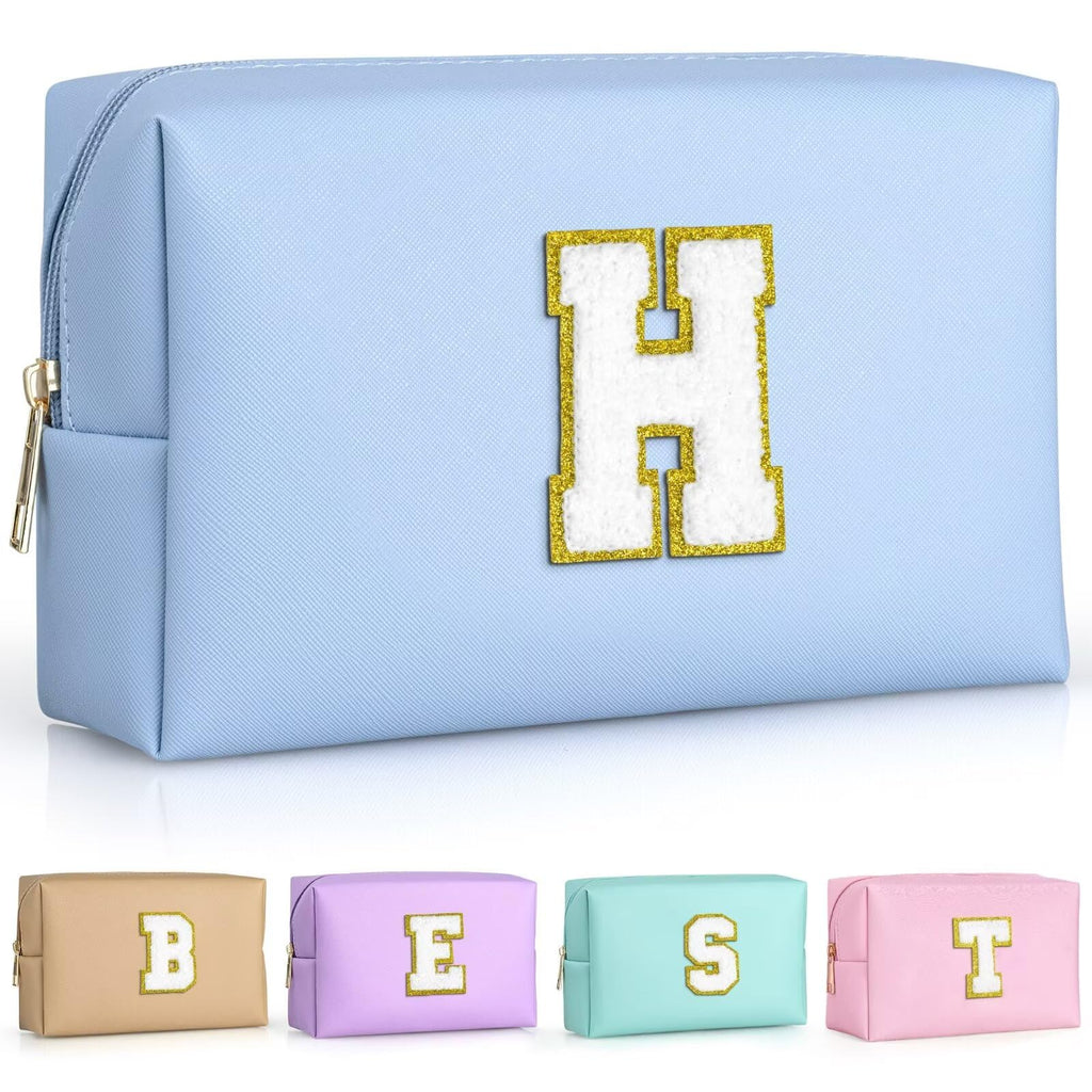 TOPEAST Preppy Bag, Monogrammed Makeup Bags with Zipper, Cute Makeup Pouch, Initial Birthday Gifts Bag for Daughter Friends Sister, Preppy Things for Girls (Sky Blue H)