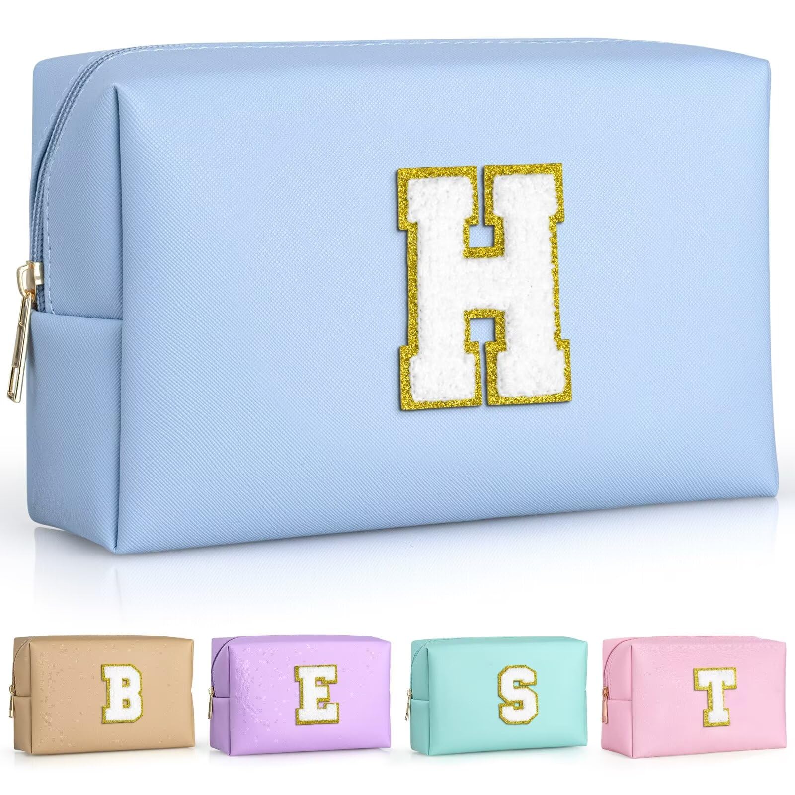 TOPEAST Preppy Bag, Monogrammed Makeup Bags with Zipper, Cute Makeup Pouch, Initial Birthday Gifts Bag for Daughter Friends Sister, Preppy Things for Girls (Sky Blue H)