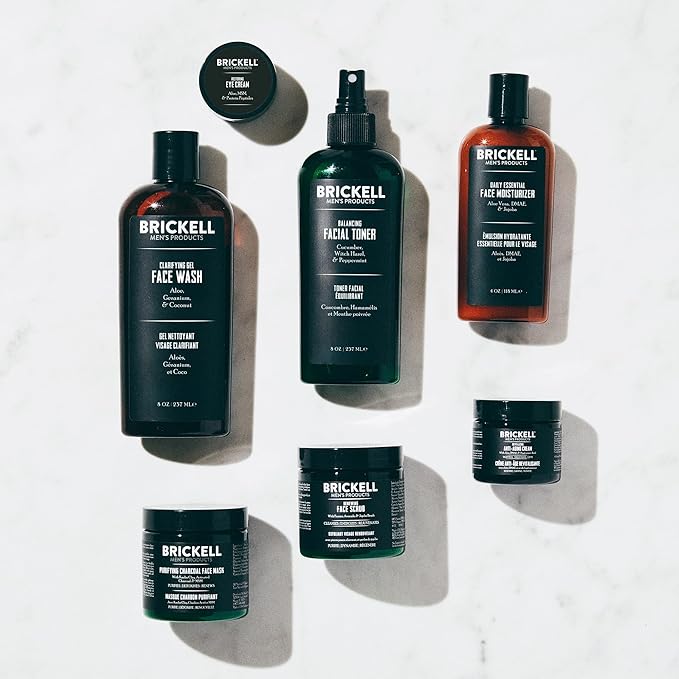 Brickell Men's Daily Elite Face Care Routine I, Toner, Gel Face Wash, Face Scrub, Anti-Aging Cream, Eye Cream, Charcoal Mask & Moisturizer, With Protein Peptides, Hyaluronic Acid, & Caffeine, Scented