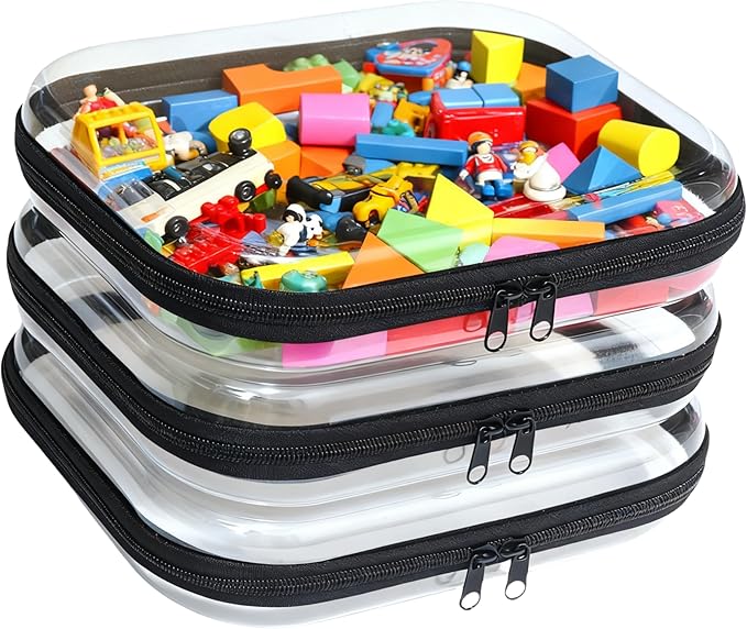 PGAXM 3PCS Clear Hard Plastic Zipper Case, Double Zippers Hard Pouch, Portable Travel Organizer Bin Clear Makeup Bag for Toy Storage, Snack Bag, Cosmetics, Diaper Bag,Toiletry Bag(3PCS-M-Black)