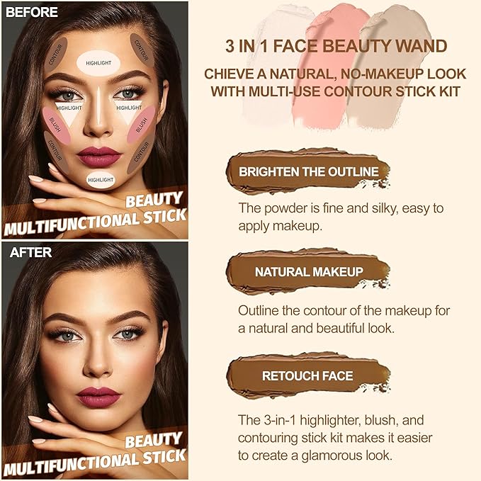 3Pcs Contour Stick Kit, Shades with Highlighter Blush Bronzer, #1 FAIR