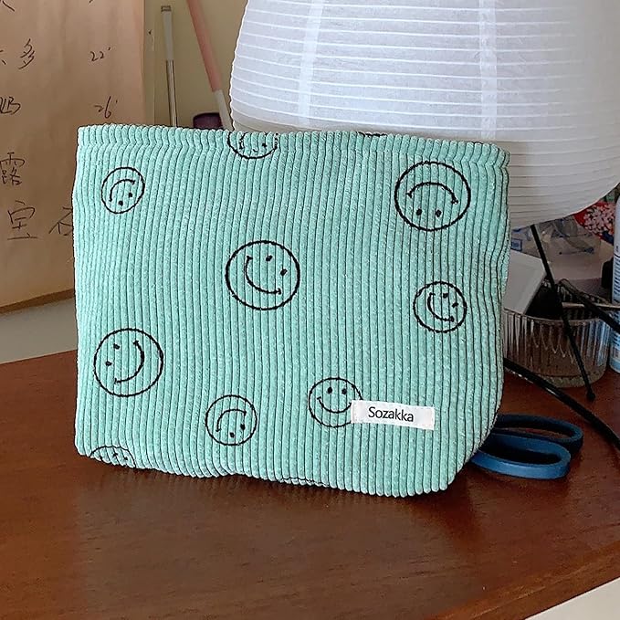 Gardsell Cosmetic Bags for Women - Corduroy Cosmetic Bag Aesthetic Women Handbags Purses Smile Dots Makeup Organizer Storage Makeup Bag Girls Case Bags (A-Green)
