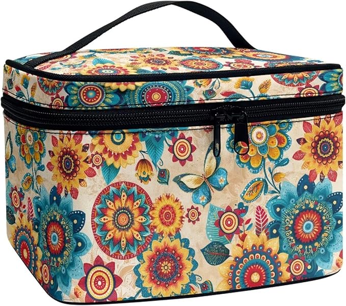 Drydeepin Boho Style Mandala Butterfly Pattern Travel Makeup Bags for Women Portable Tote Cosmetic Case with Carry Handle Toiletry Accessories Storage Organizer Bags