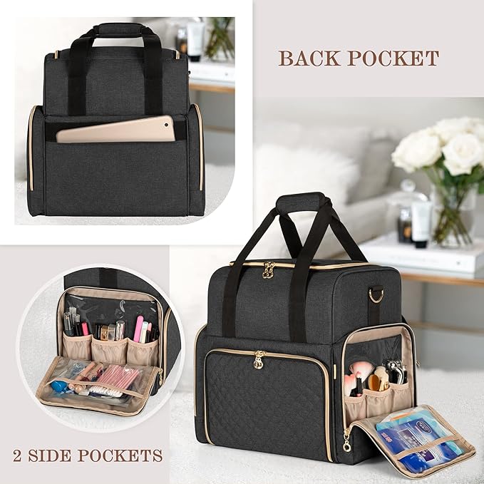 LUXJA Large Travel Makeup Bag with 3 Removable Makeup Cases, Black