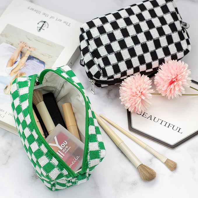 PAZIMIIK Checkered Makeup Bag for Purse, Small Travel Cosmetic Pouch,Green
