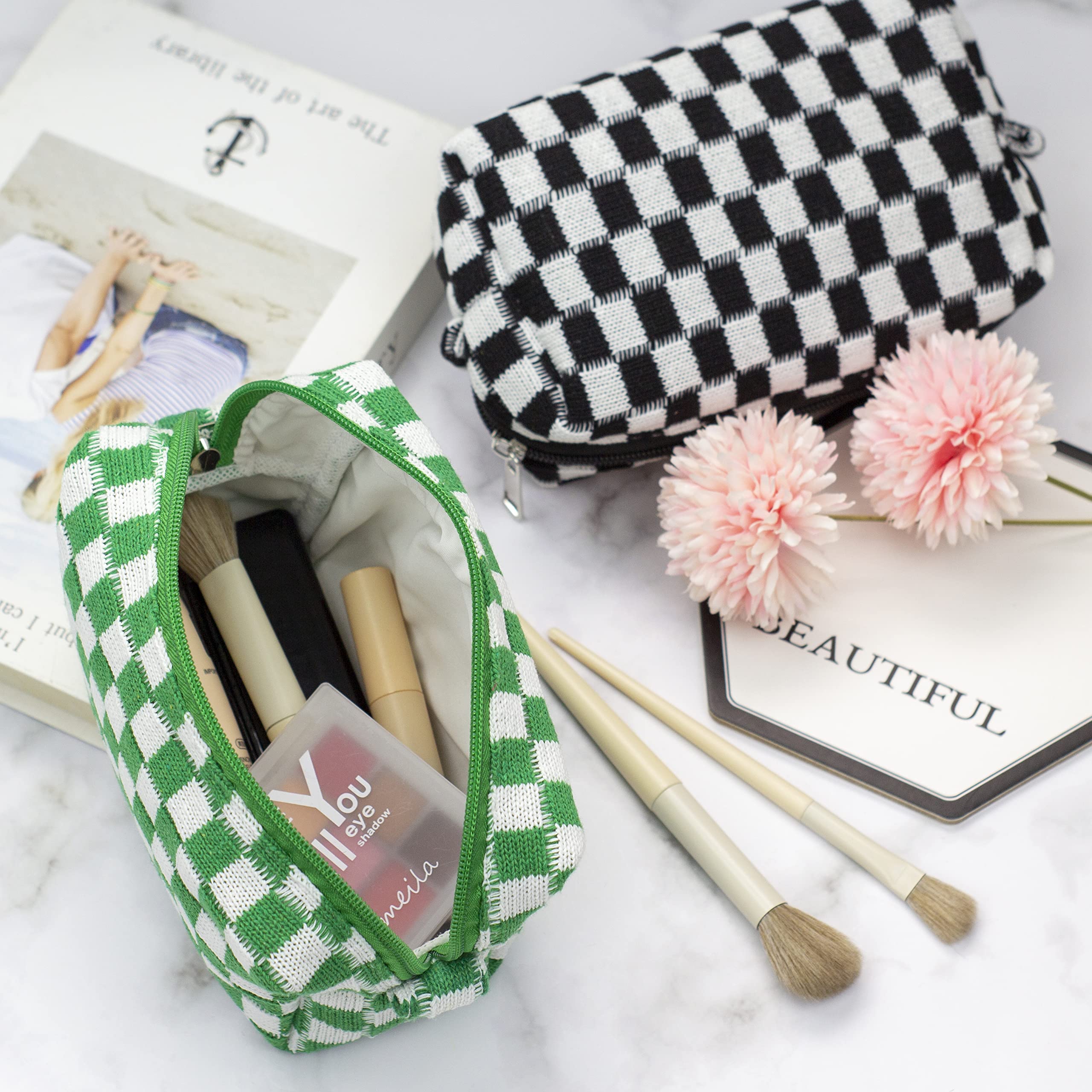 Checkered Makeup Bag for Purse, Small Cosmetic Pouch,Black Green,2 Pack