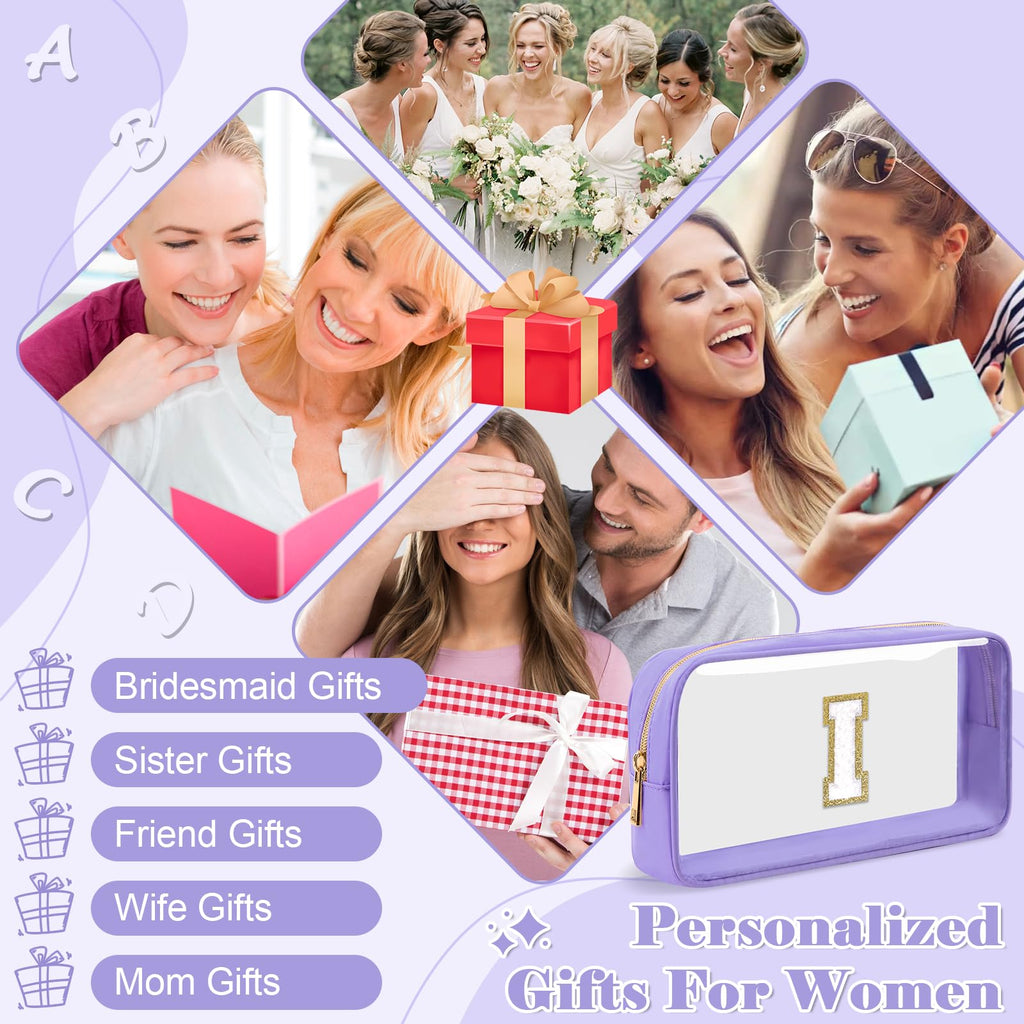 UIXIZQ Personalized Initial Letter Clear Makeup Bag,Preppy Small Nylon&PVC Cosmetic Zipper Bag with Chenille Letter,Travel Skincare Toiletry Bag,Monogram Christmas Gift for Teen Girls Women,I