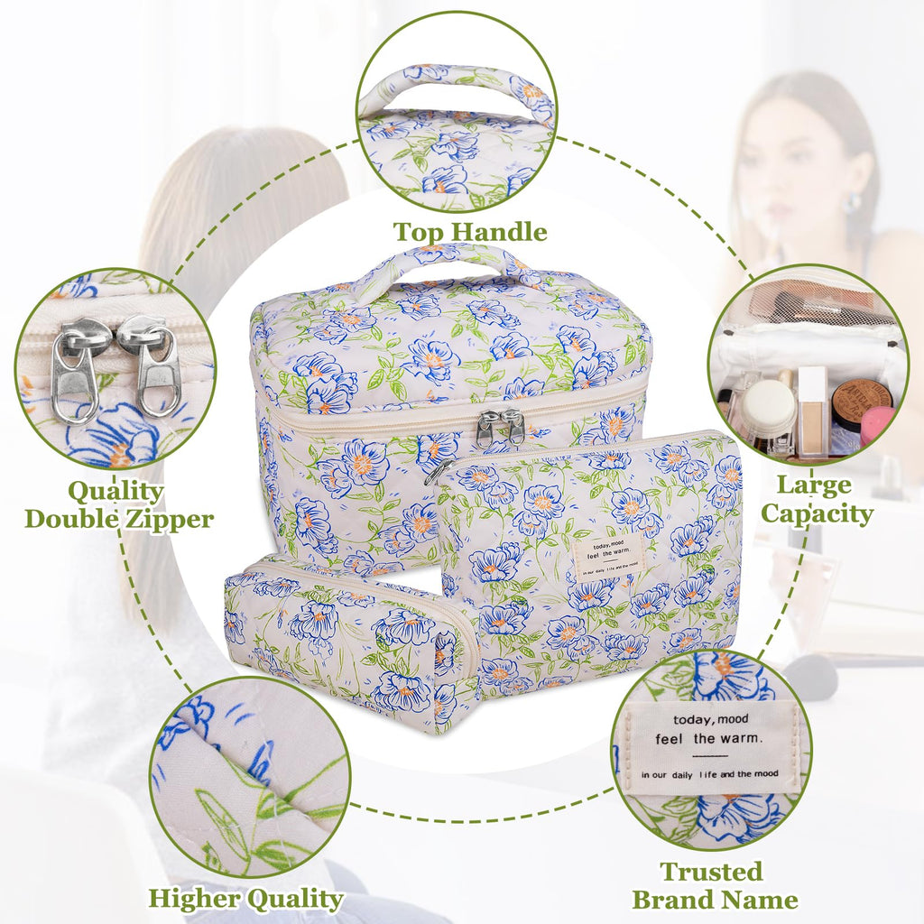 Gosect 3PC Makeup Bag Set, Quilted Makeup Bag, Large Floral Cosmetic Bag for Women, Cute Cotton Makeup Bags, Flower Travel Toiletry Organizer Bag (light blue)