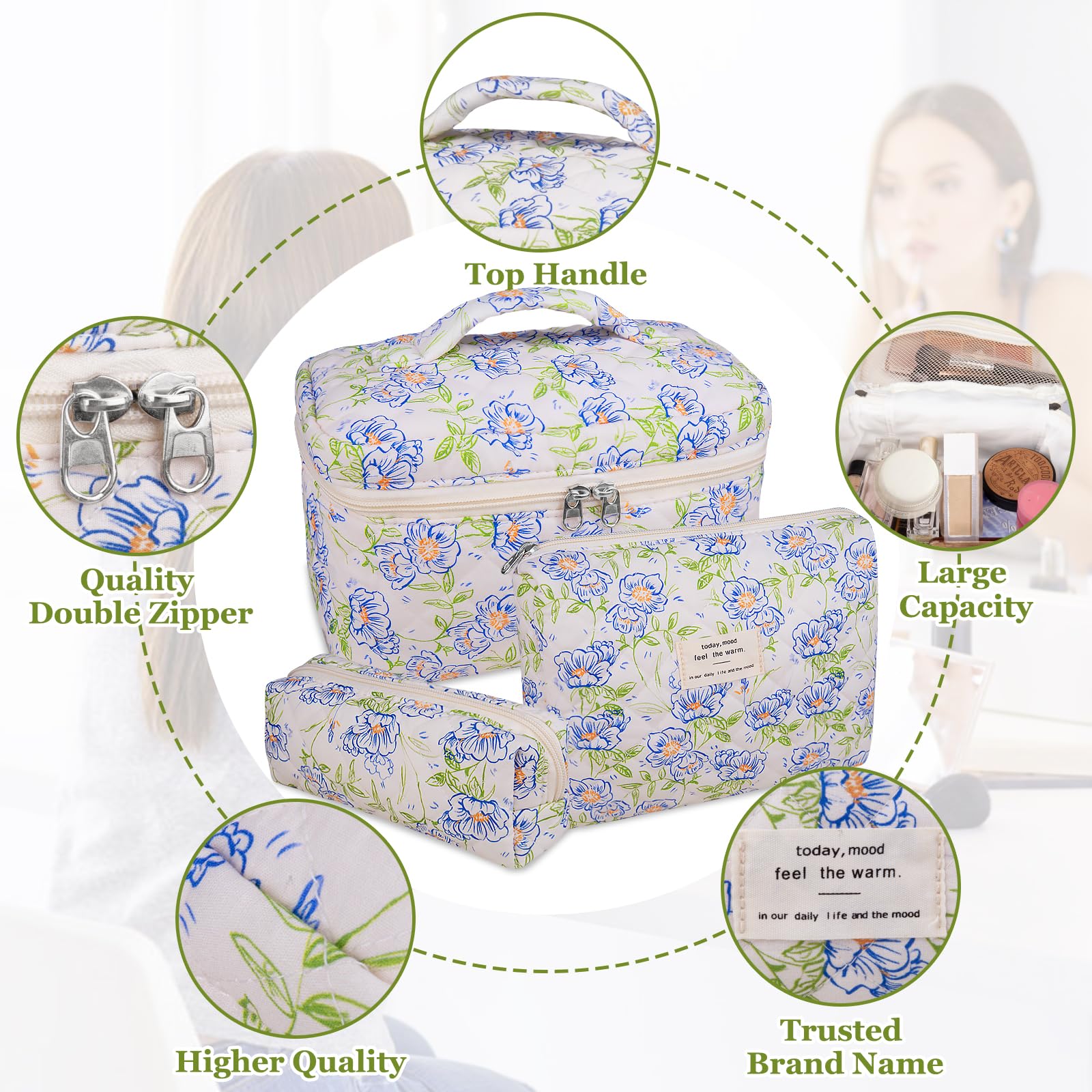 Gosect 3PC Makeup Bag Set, Quilted Makeup Bag, Large Floral Cosmetic Bag for Women, Cute Cotton Makeup Bags, Flower Travel Toiletry Organizer Bag (light blue)