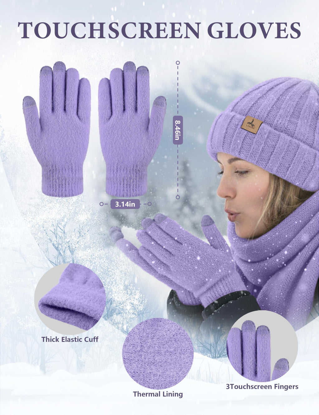 LOROME Winter Beanie Hat Gloves Scarf, Cashmere Hat Gloves Scarf Set Women